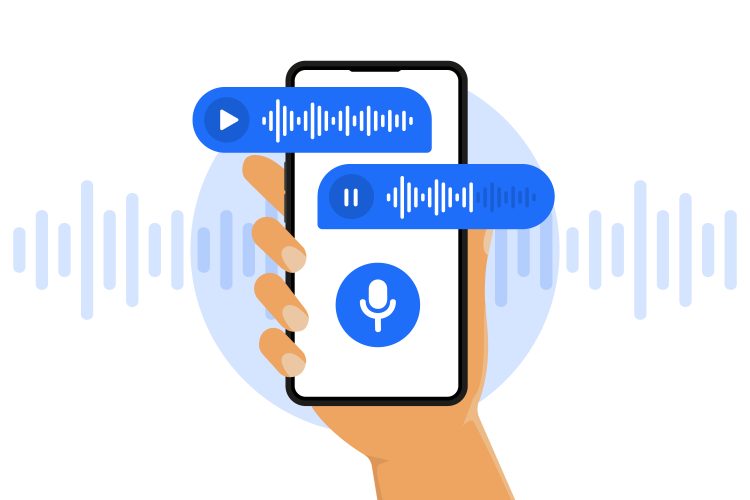Voice and audio messages. Smartphone with voice messages on screen. Human hand holds smartphone with microphone button on screen and voice messages bubbles. Online chat. Vector illustration